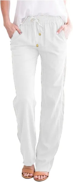 Womens Casual Linen Pants Summer Outfits Boho Drawstring Elastic Waist Trousers Lounge Vacation Clothing