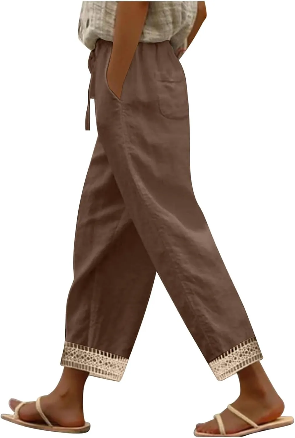 Womens Casual Pants Drawstring Elastic Waist Summer Cotton Linen Pant Loose Wide Leg Lightweight Lounge Trousers