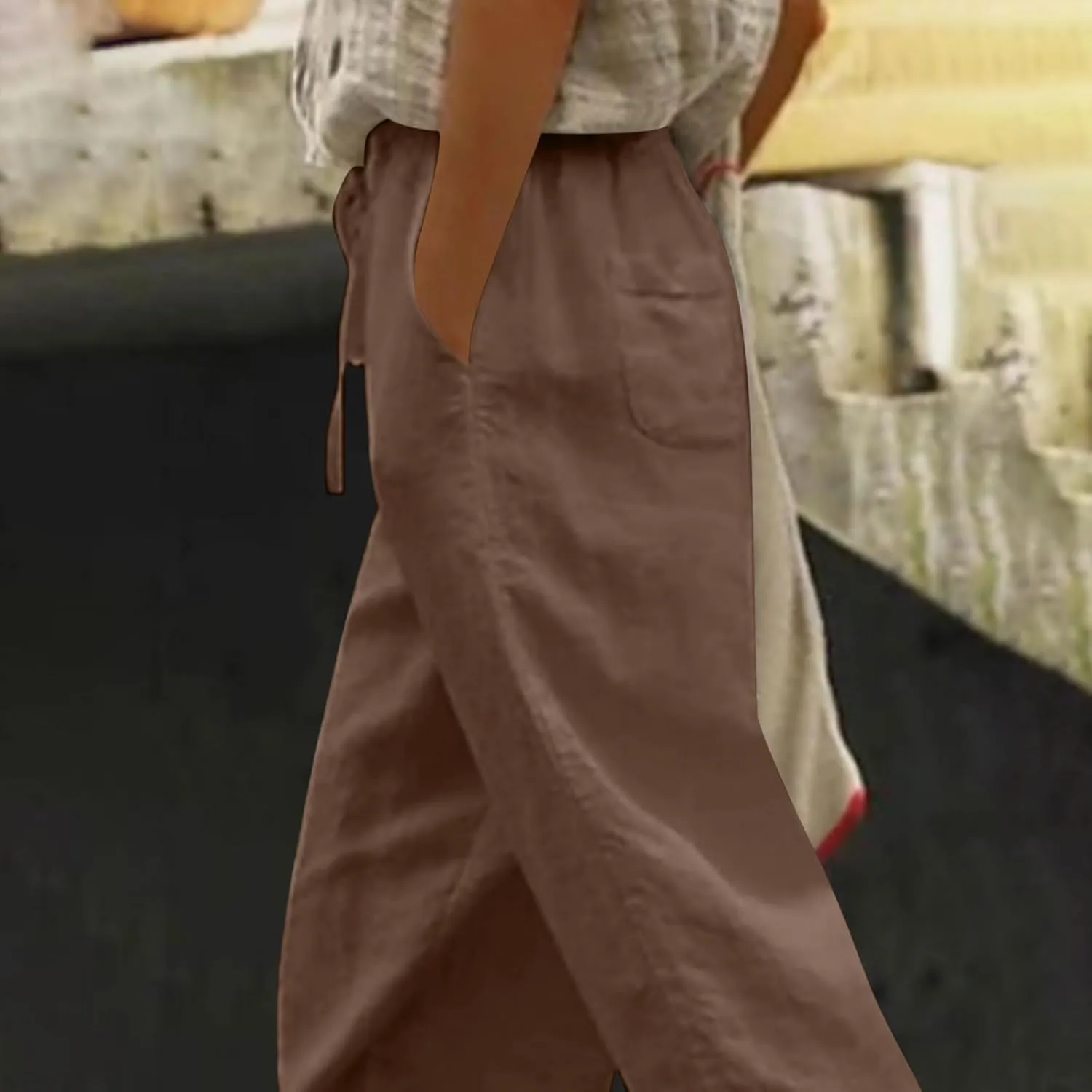 Womens Casual Pants Drawstring Elastic Waist Summer Cotton Linen Pant Loose Wide Leg Lightweight Lounge Trousers