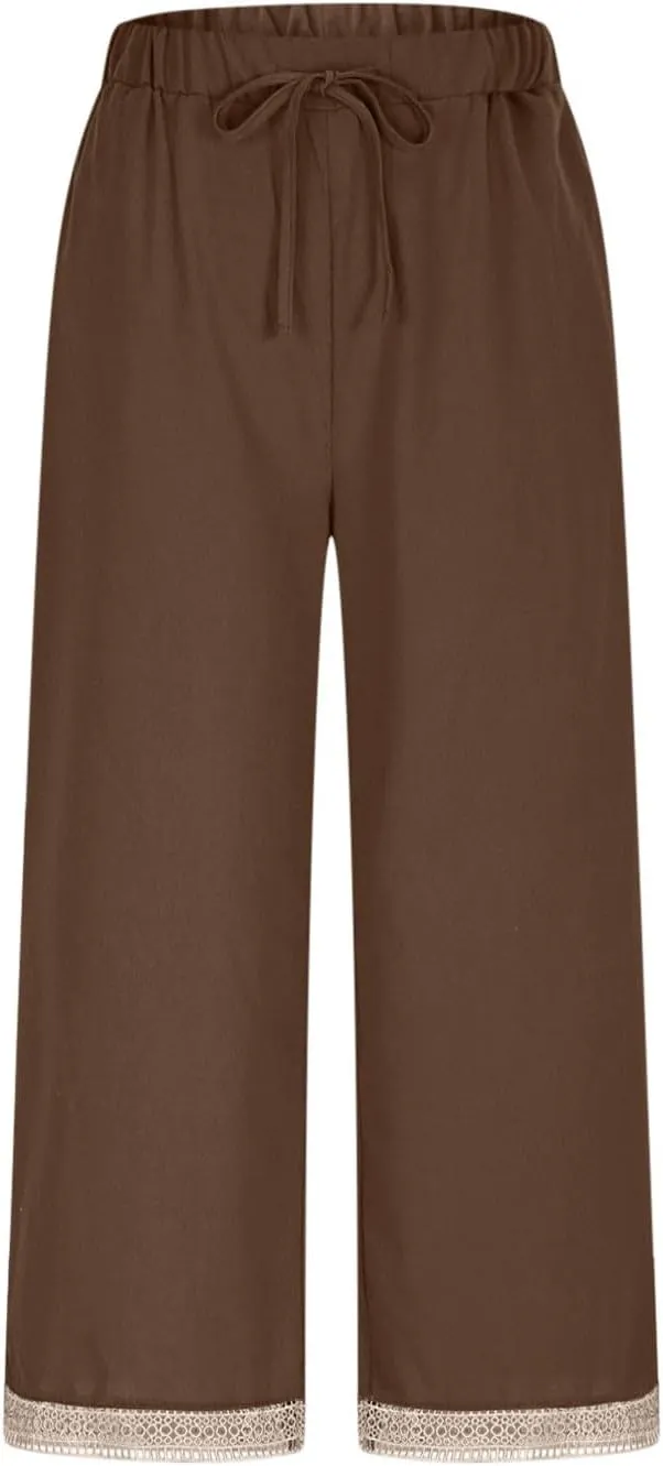 Womens Casual Pants Drawstring Elastic Waist Summer Cotton Linen Pant Loose Wide Leg Lightweight Lounge Trousers