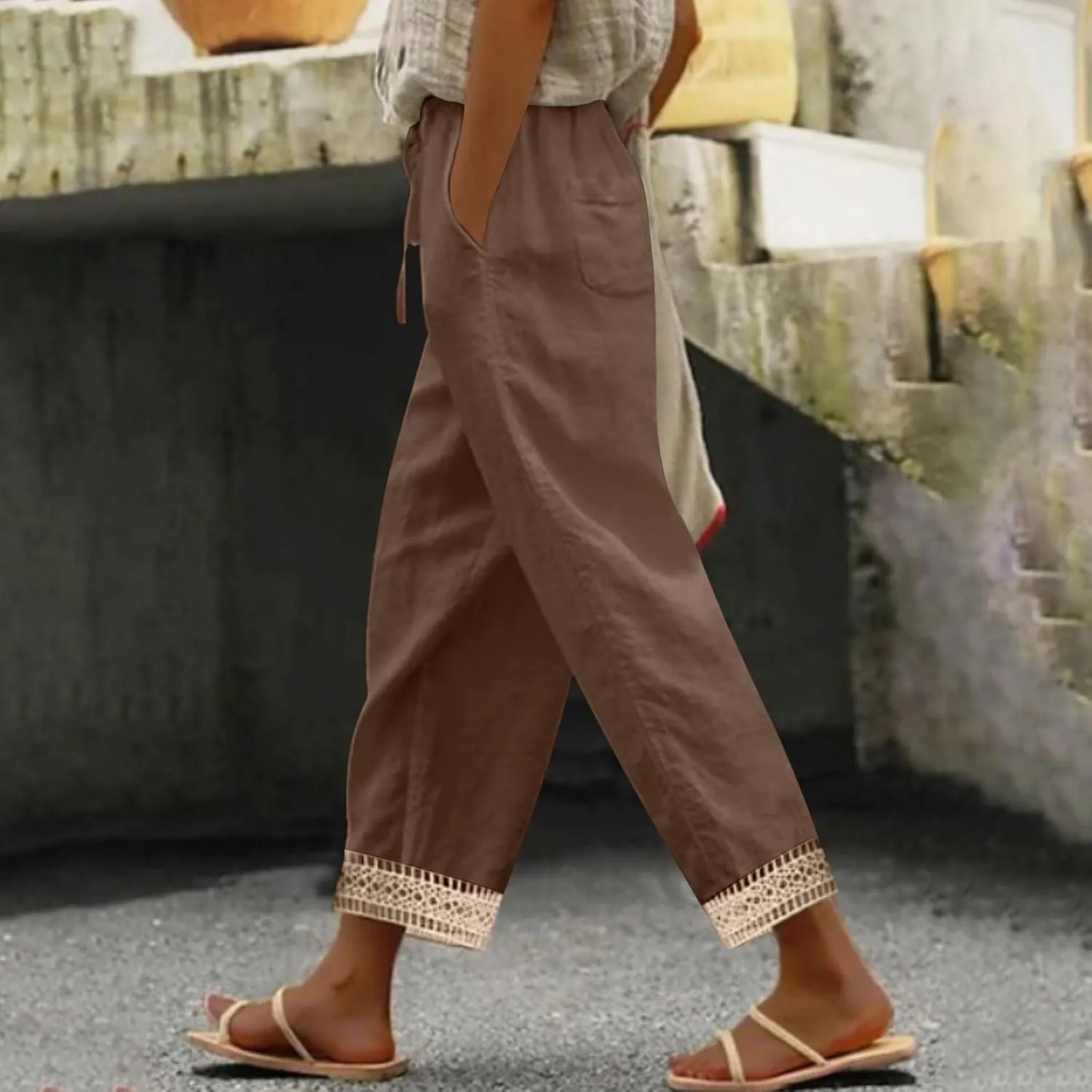 Womens Casual Pants Drawstring Elastic Waist Summer Cotton Linen Pant Loose Wide Leg Lightweight Lounge Trousers