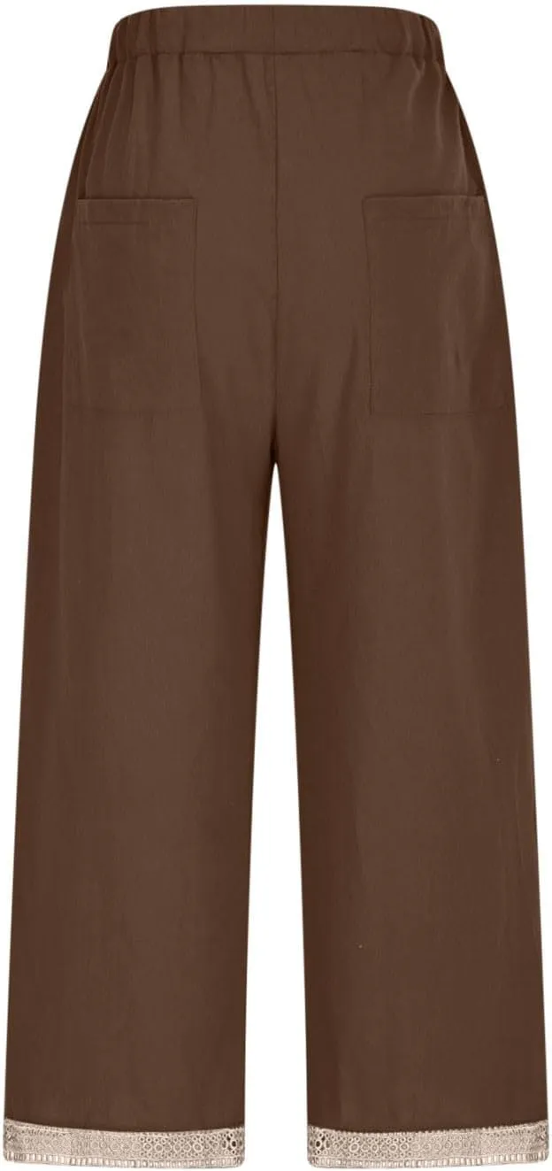 Womens Casual Pants Drawstring Elastic Waist Summer Cotton Linen Pant Loose Wide Leg Lightweight Lounge Trousers