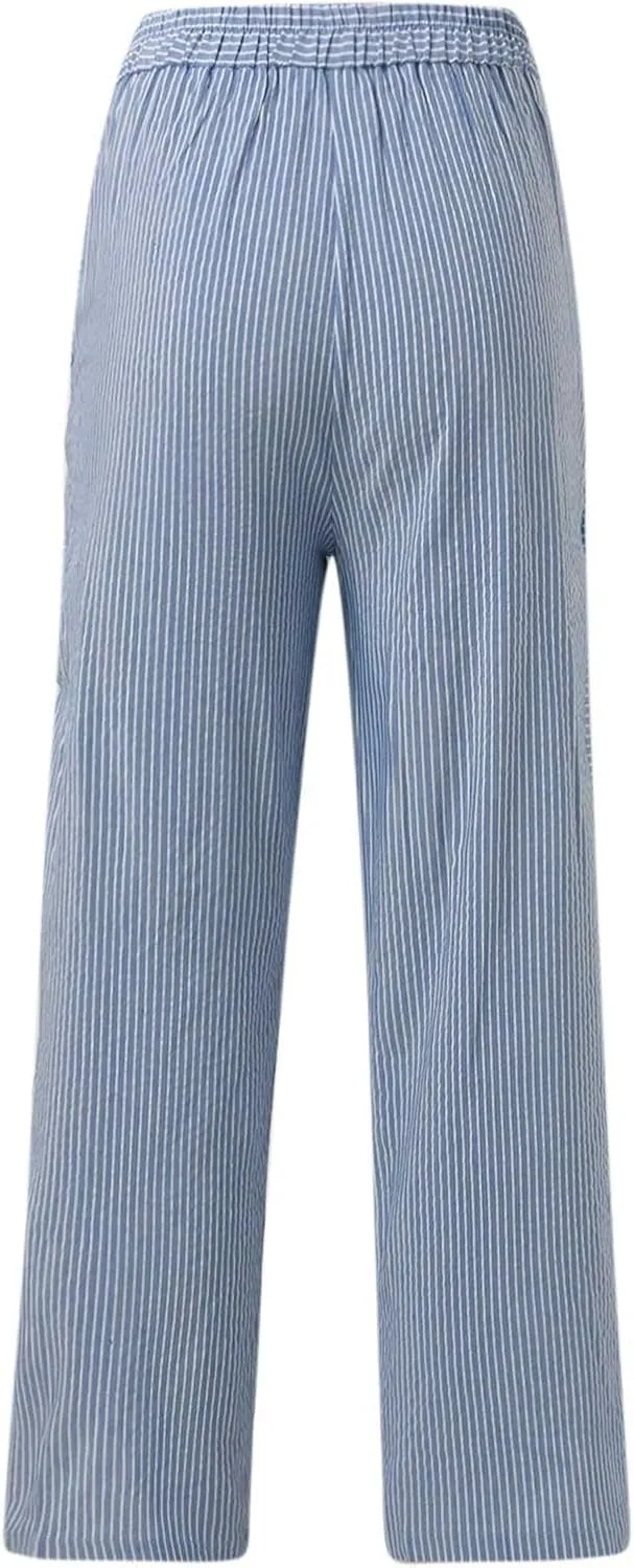 Women's Casual Pants Fashion Striped Patchwork Loose Casual High Waist Pocket Elastic Waist Ankle Length Trousers