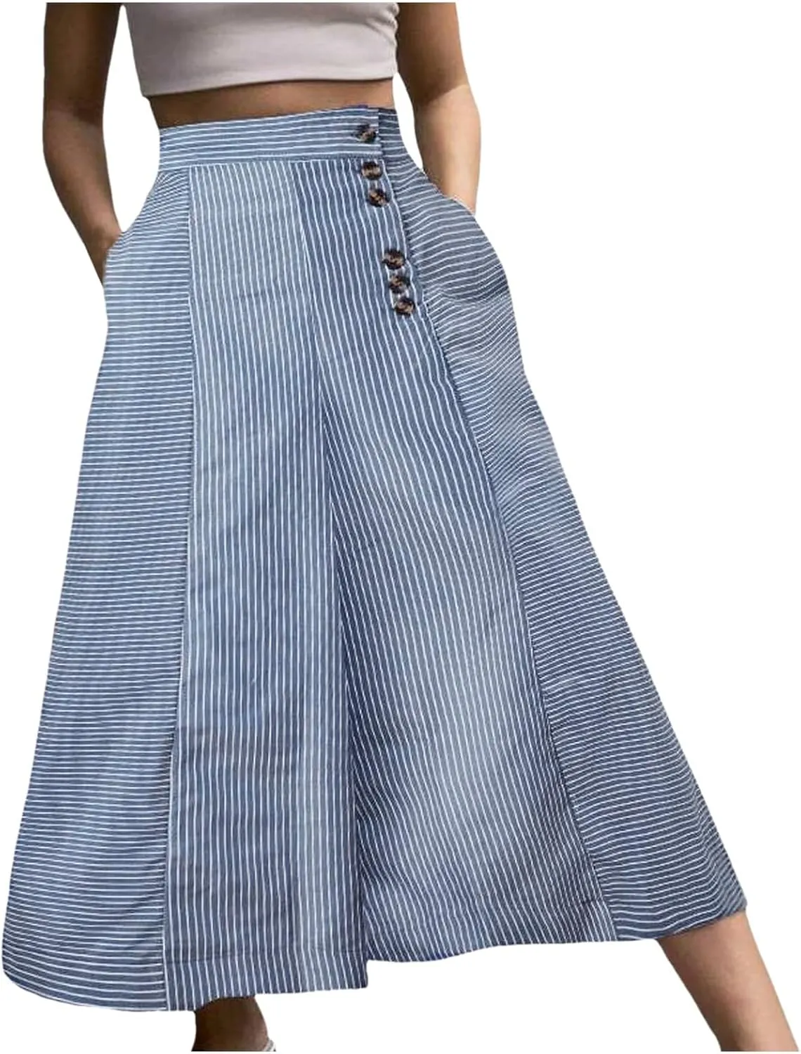 Women's Casual Pants Fashion Striped Patchwork Loose Casual High Waist Pocket Elastic Waist Ankle Length Trousers