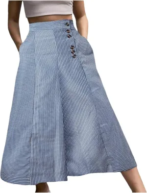 Women's Casual Pants Fashion Striped Patchwork Loose Casual High Waist Pocket Elastic Waist Ankle Length Trousers