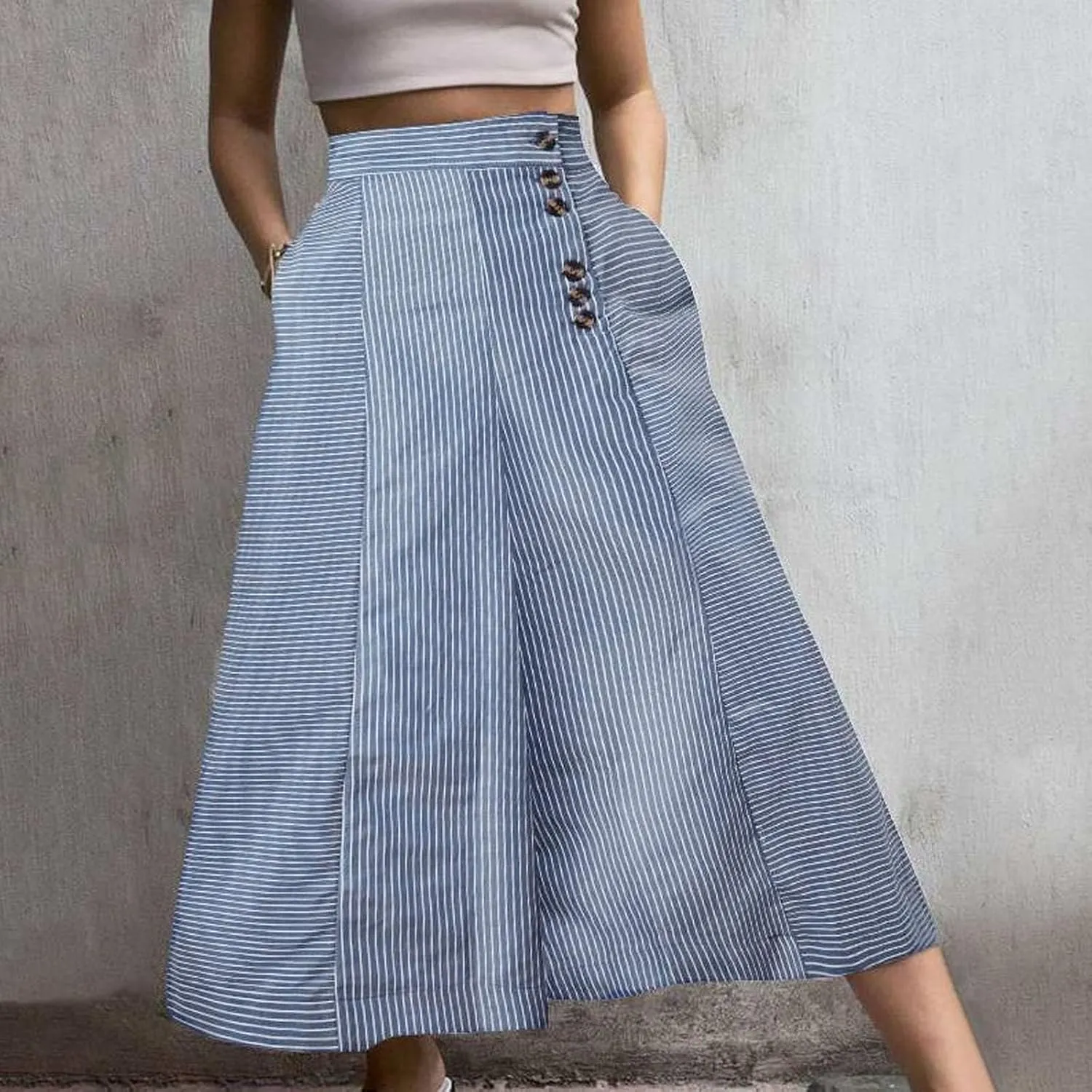 Women's Casual Pants Fashion Striped Patchwork Loose Casual High Waist Pocket Elastic Waist Ankle Length Trousers