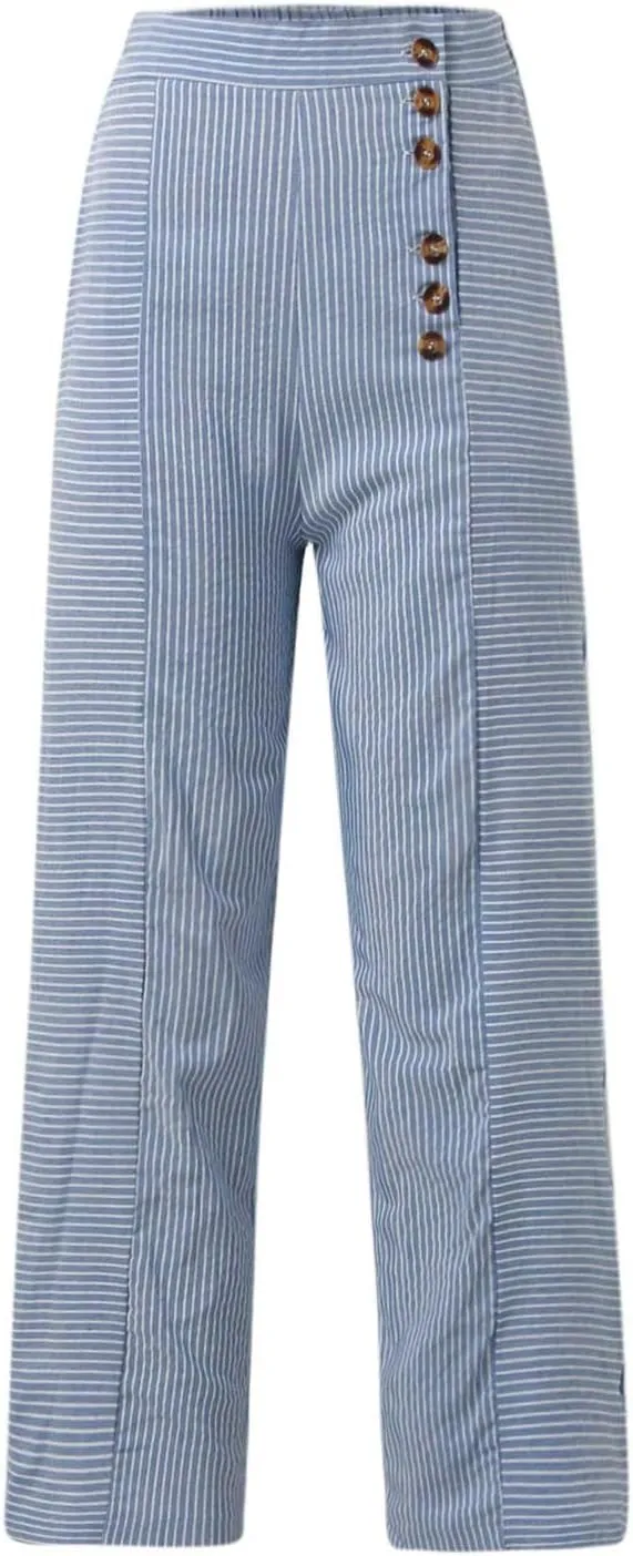 Women's Casual Pants Fashion Striped Patchwork Loose Casual High Waist Pocket Elastic Waist Ankle Length Trousers
