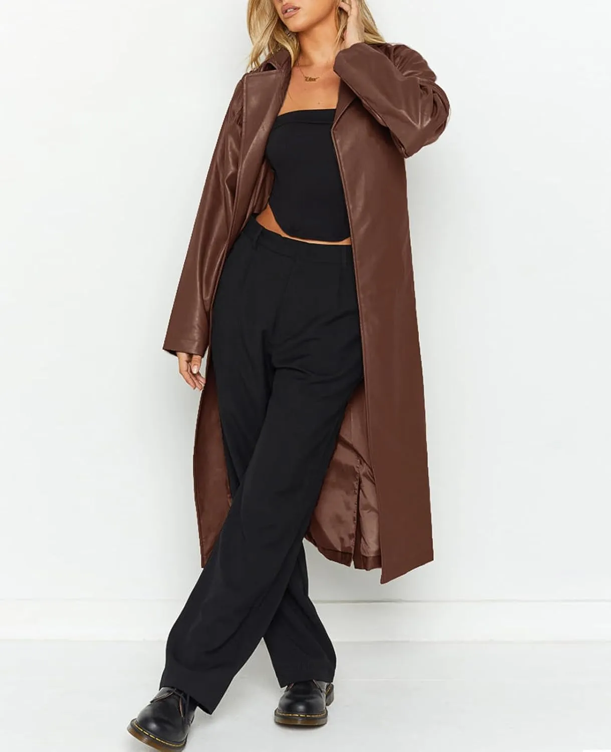 Women's Casual PU Leather Long Jacket Lapel Open Front Trench Coat with Belt