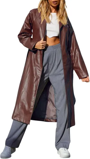 Women's Casual PU Leather Long Jacket Lapel Open Front Trench Coat with Belt