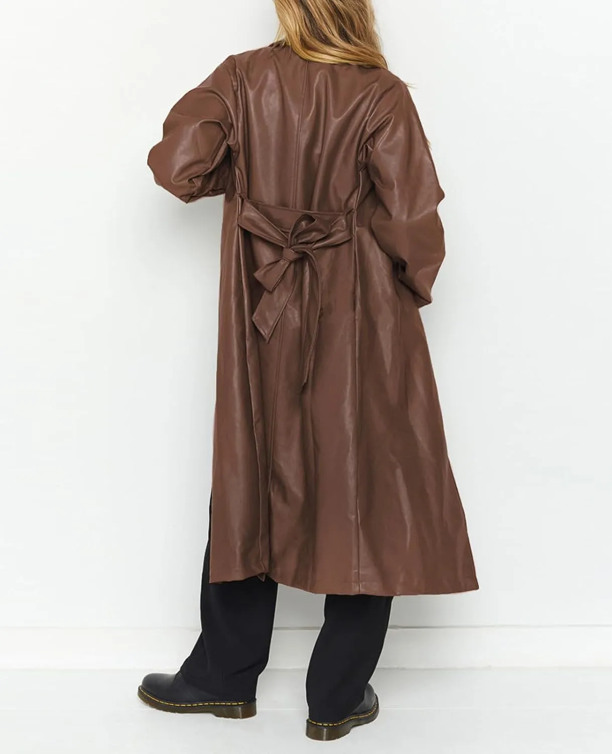 Women's Casual PU Leather Long Jacket Lapel Open Front Trench Coat with Belt