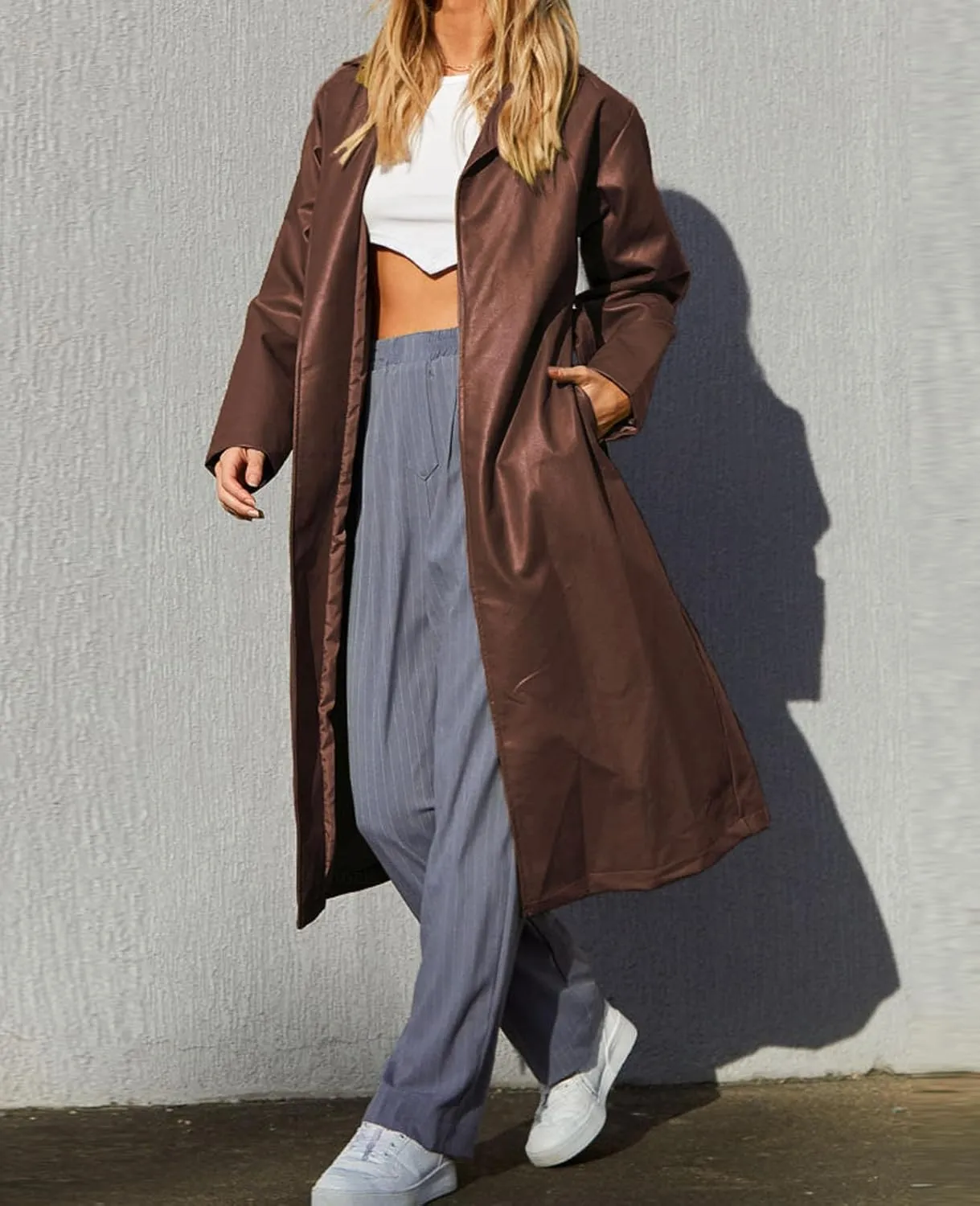 Women's Casual PU Leather Long Jacket Lapel Open Front Trench Coat with Belt