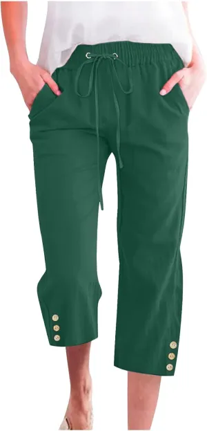 Womens Casual Summer Linen Pants Solid Color Elastic Waist Loose Pants Straight Wide Leg Trousers with Pockets