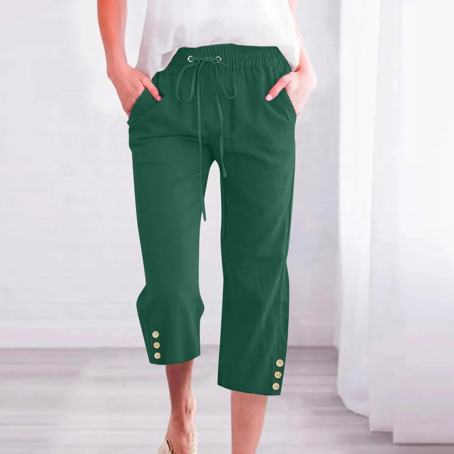 Womens Casual Summer Linen Pants Solid Color Elastic Waist Loose Pants Straight Wide Leg Trousers with Pockets