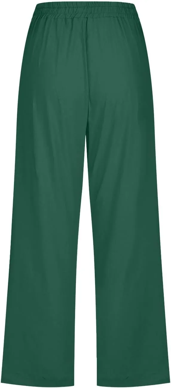 Womens Casual Summer Linen Pants Solid Color Elastic Waist Loose Pants Straight Wide Leg Trousers with Pockets