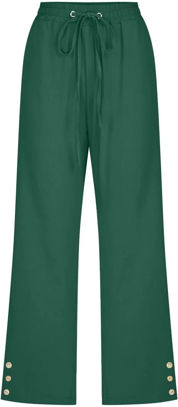 Womens Casual Summer Linen Pants Solid Color Elastic Waist Loose Pants Straight Wide Leg Trousers with Pockets