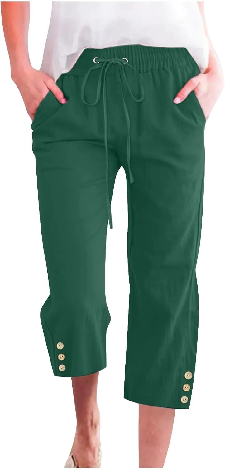 Womens Casual Summer Linen Pants Solid Color Elastic Waist Loose Pants Straight Wide Leg Trousers with Pockets