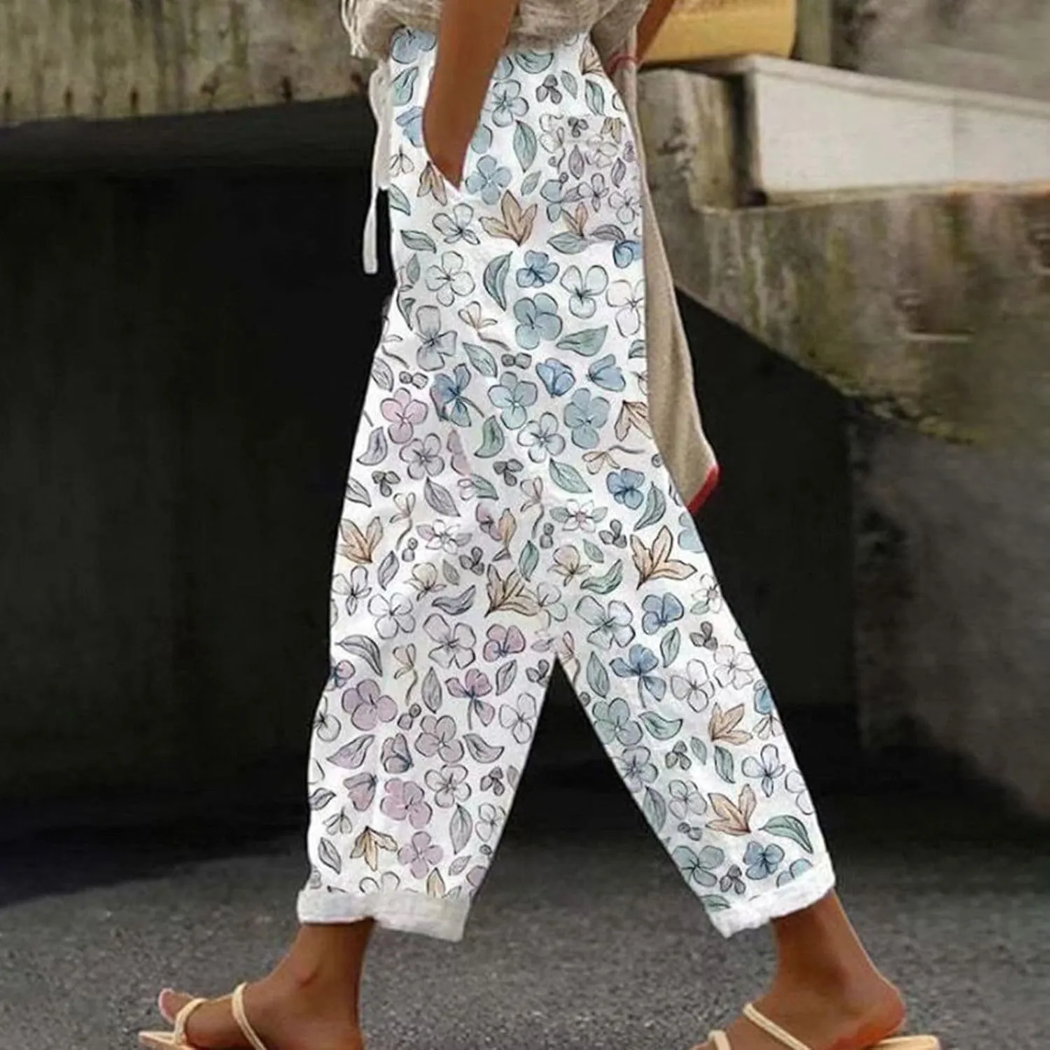 Womens Cotton Linen Capri Pants Elastic Waist Drawstring Casual Summer Boho Floral Beach Yoga Cropped Trousers