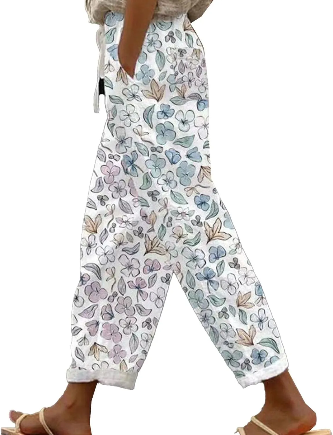 Womens Cotton Linen Capri Pants Elastic Waist Drawstring Casual Summer Boho Floral Beach Yoga Cropped Trousers