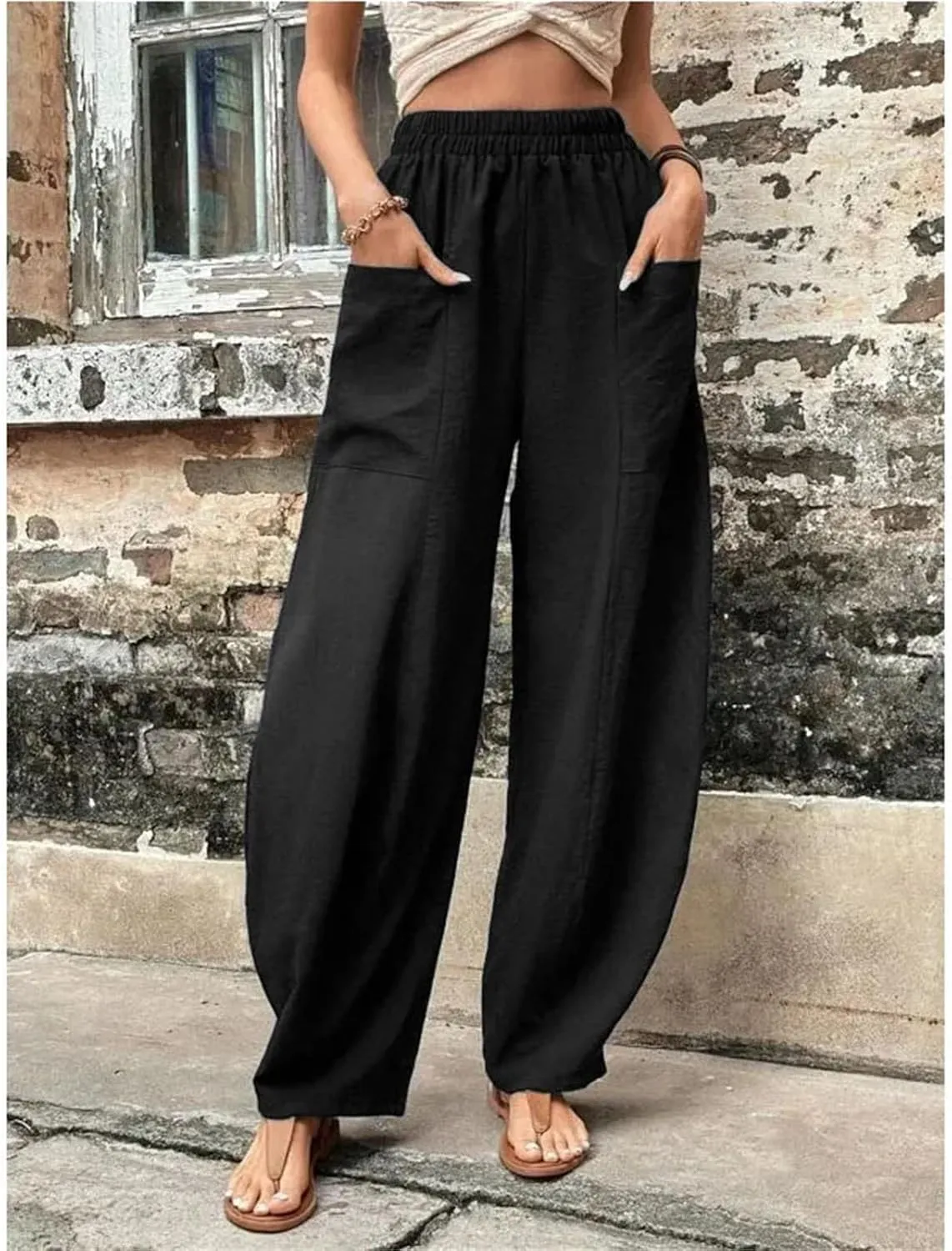 Women's Cotton Linen Harem Pants Vintage Loose Casual Trousers Elastic Waist Cargo Wide-Legged Pants