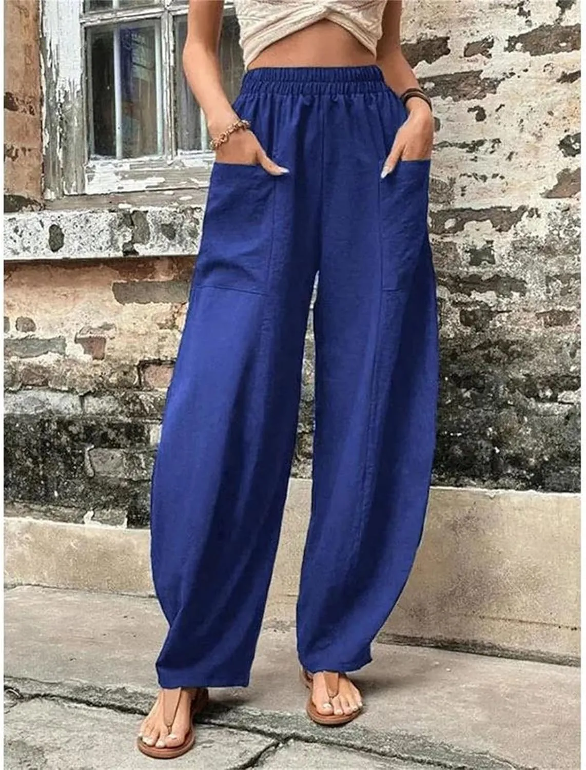 Women's Cotton Linen Harem Pants Vintage Loose Casual Trousers Elastic Waist Cargo Wide-Legged Pants