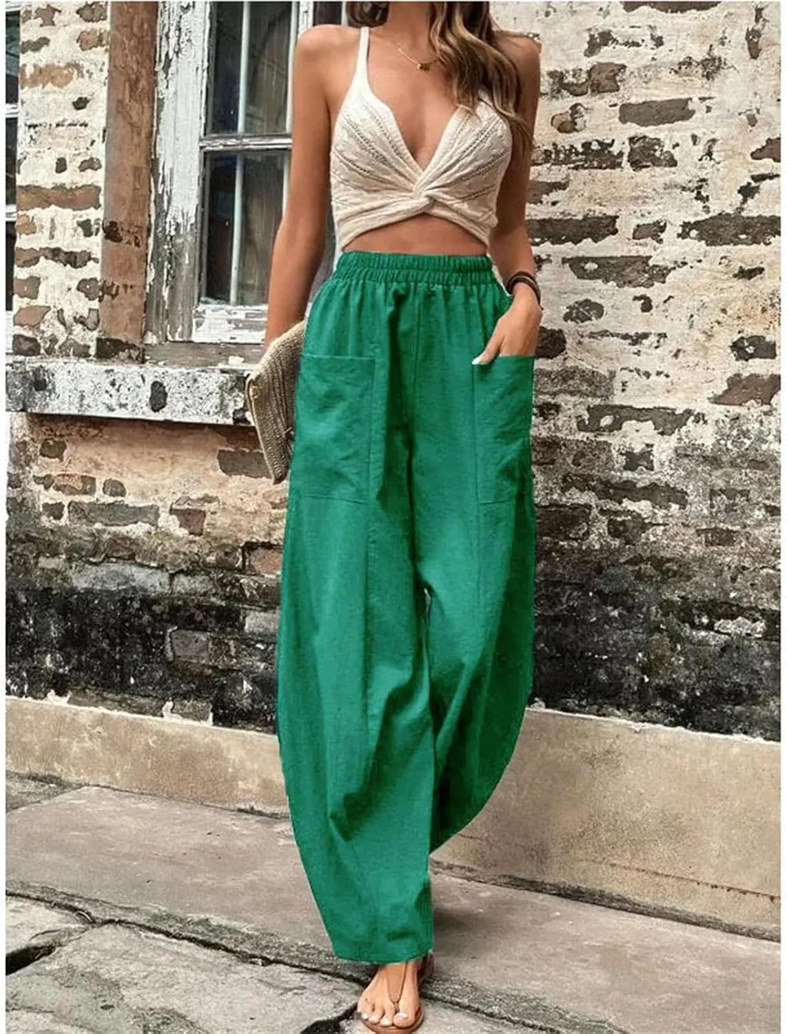 Women's Cotton Linen Harem Pants Vintage Loose Casual Trousers Elastic Waist Cargo Wide-Legged Pants