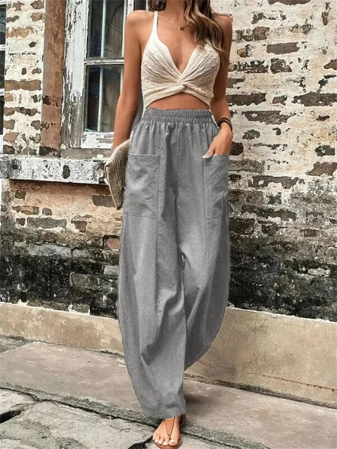 Women's Cotton Linen Harem Pants Vintage Loose Casual Trousers Elastic Waist Cargo Wide-Legged Pants