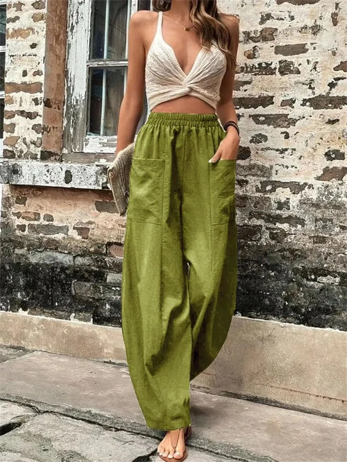 Women's Cotton Linen Harem Pants Vintage Loose Casual Trousers Elastic Waist Cargo Wide-Legged Pants