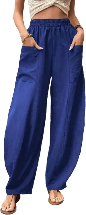 Women's Cotton Linen Harem Pants Vintage Loose Casual Trousers Elastic Waist Cargo Wide-Legged Pants