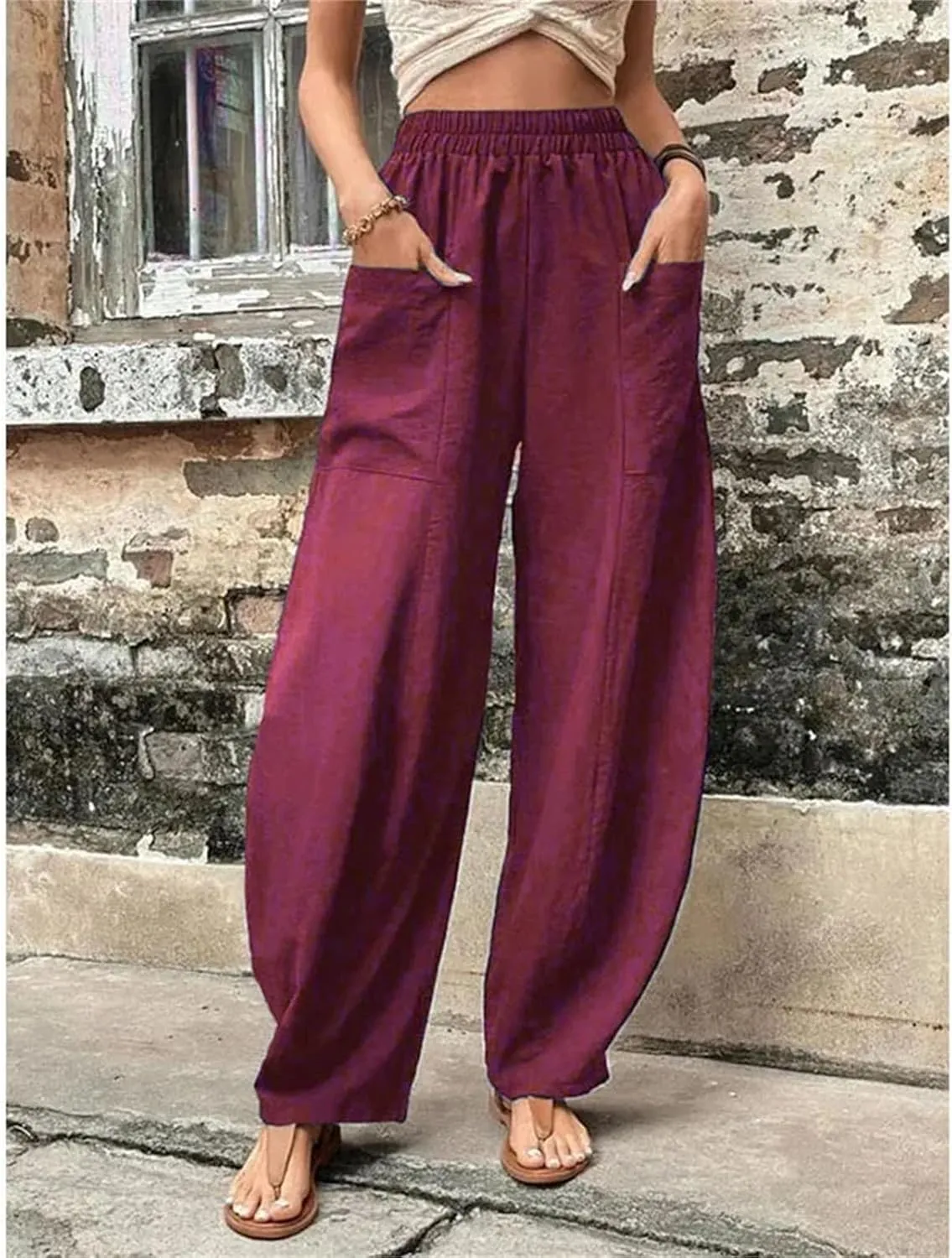 Women's Cotton Linen Harem Pants Vintage Loose Casual Trousers Elastic Waist Cargo Wide-Legged Pants