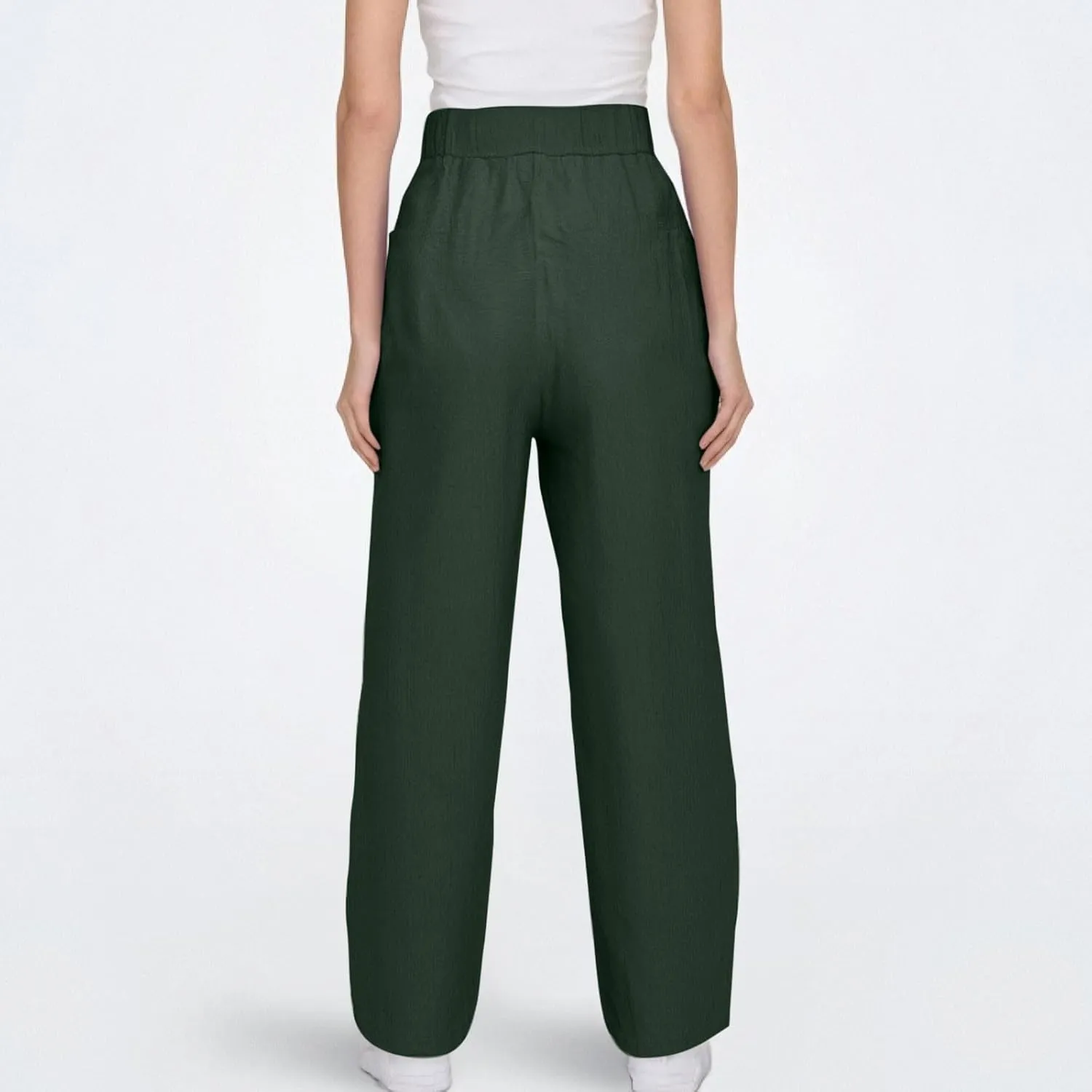 Womens Cotton Linen Palazzo Pants Drawstring Elastic Waist Casual Beach Pants Summer Wide Leg Trousers with Pockets