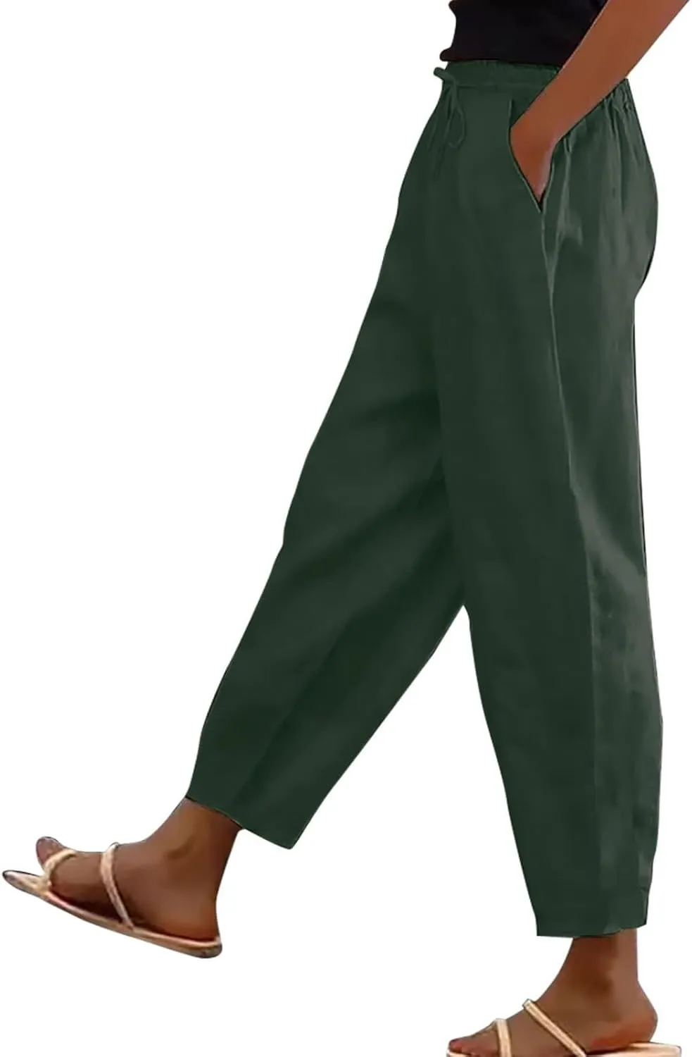 Womens Cotton Linen Palazzo Pants Drawstring Elastic Waist Casual Beach Pants Summer Wide Leg Trousers with Pockets