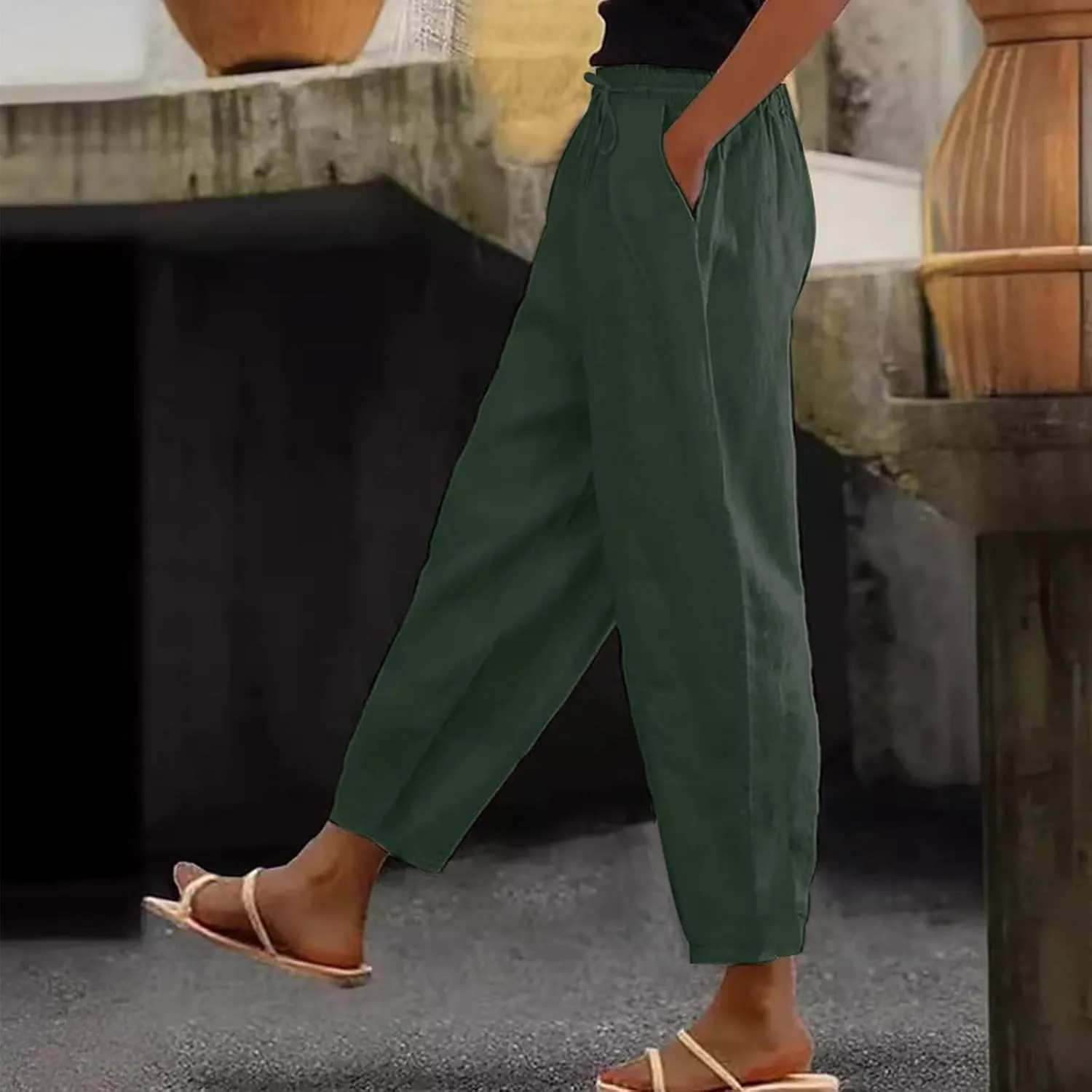 Womens Cotton Linen Palazzo Pants Drawstring Elastic Waist Casual Beach Pants Summer Wide Leg Trousers with Pockets