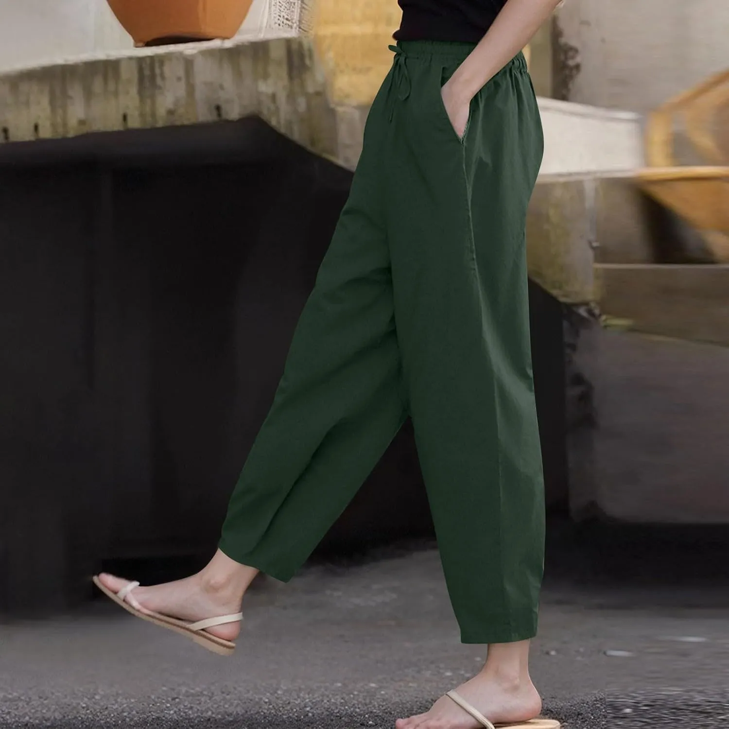 Womens Cotton Linen Palazzo Pants Drawstring Elastic Waist Casual Beach Pants Summer Wide Leg Trousers with Pockets