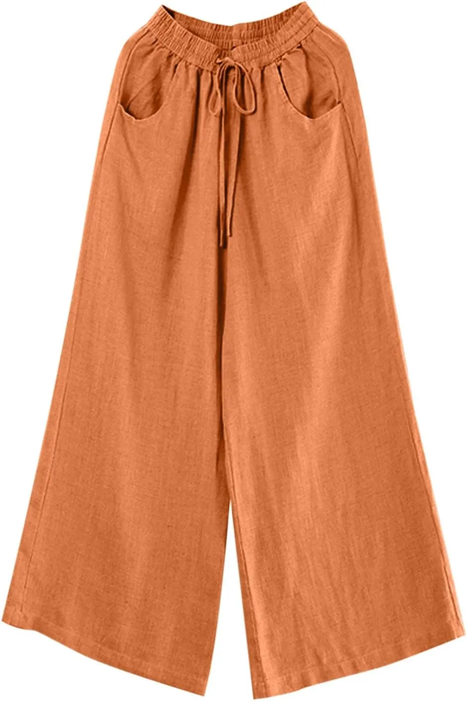 Womens Cotton Linen Palazzo Pants Drawstring Elastic Waist Casual Wide Leg Trousers Summer Beach Pant with Pockets