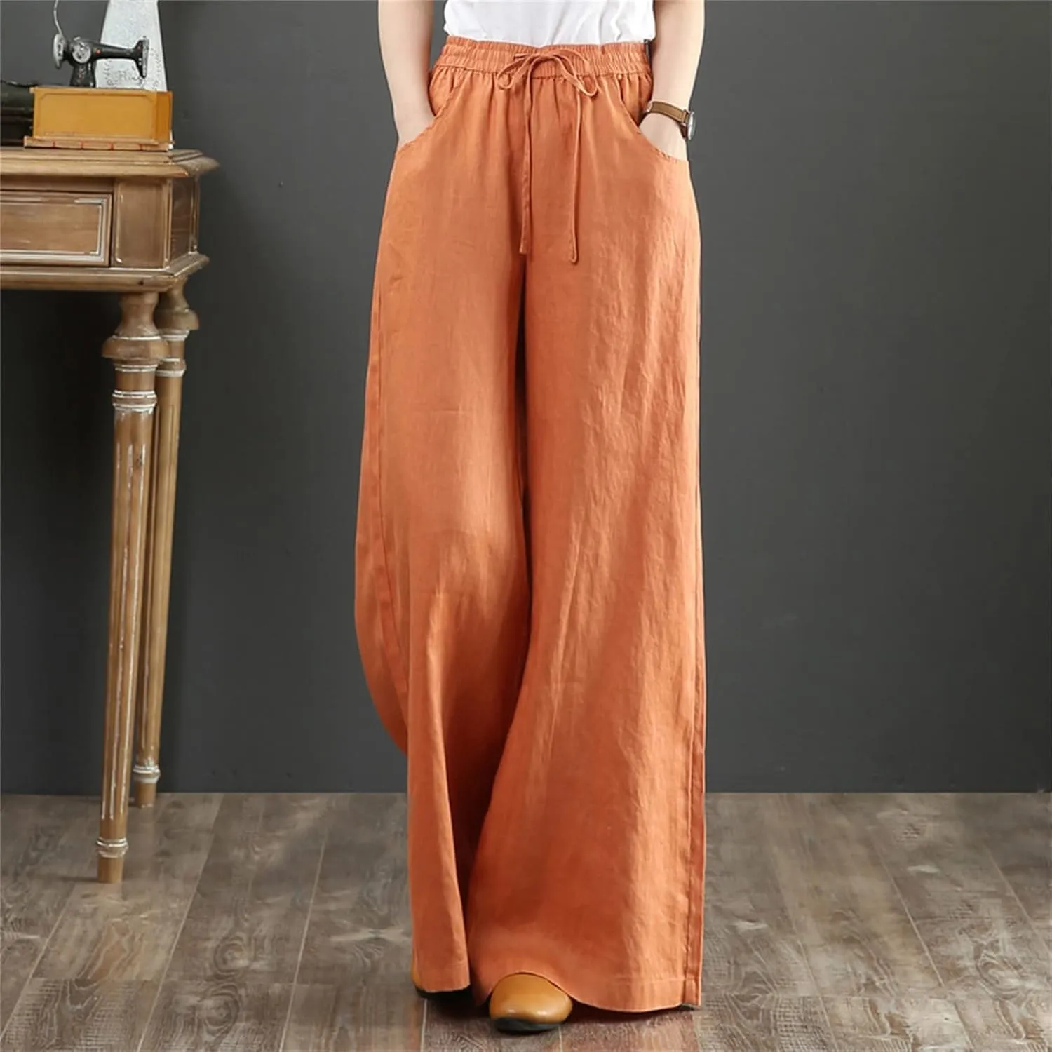Womens Cotton Linen Palazzo Pants Drawstring Elastic Waist Casual Wide Leg Trousers Summer Beach Pant with Pockets
