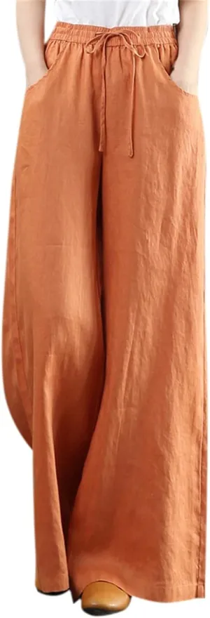 Womens Cotton Linen Palazzo Pants Drawstring Elastic Waist Casual Wide Leg Trousers Summer Beach Pant with Pockets