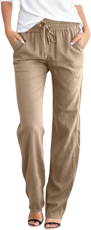 Women's Cotton Linen Pants Casual Loose Drawstring Elastic Waist Summer Beach Pants Lightweight Lounge Trouser Pockets