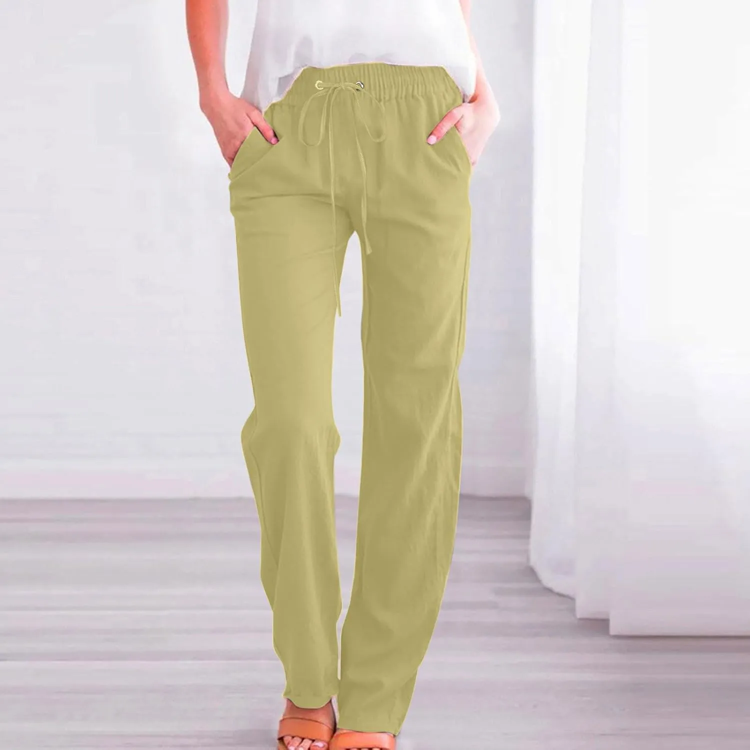 Womens Cotton Linen Pants Lace Up Elastic Waist Casual Solid Straight Leg Trousers Summer Loose Comfy Beach Pant