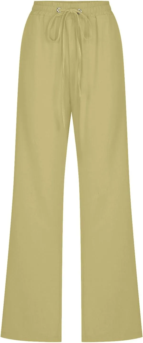 Womens Cotton Linen Pants Lace Up Elastic Waist Casual Solid Straight Leg Trousers Summer Loose Comfy Beach Pant