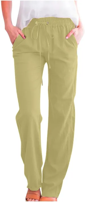 Womens Cotton Linen Pants Lace Up Elastic Waist Casual Solid Straight Leg Trousers Summer Loose Comfy Beach Pant