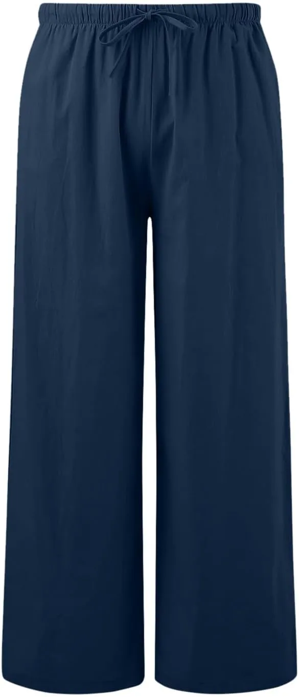 Womens Cotton Linen Pants Summer Palazzo Pants Drawstring Elastic Waist Wide Leg Trousers with Pockets