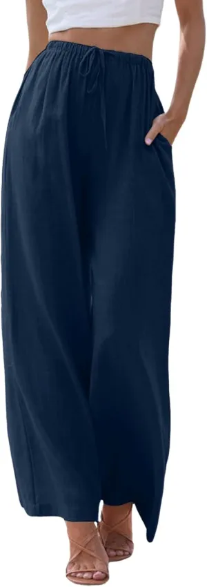 Womens Cotton Linen Pants Summer Palazzo Pants Drawstring Elastic Waist Wide Leg Trousers with Pockets