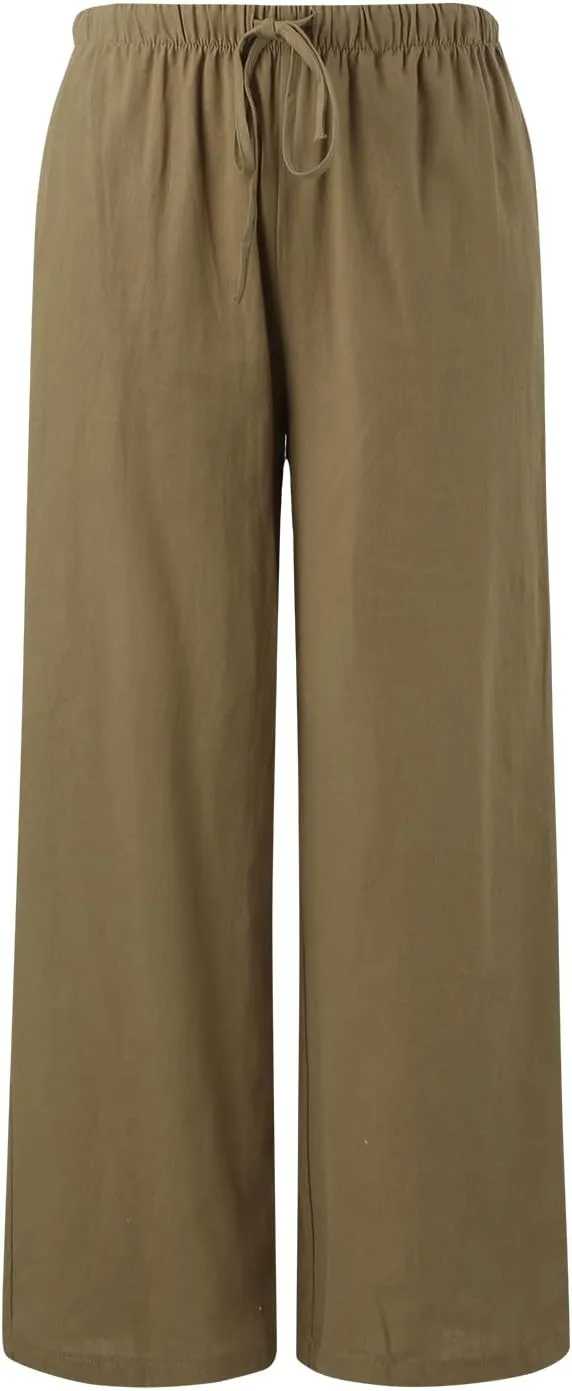 Womens Cotton Linen Pants Summer Palazzo Pants Drawstring Elastic Waist Wide Leg Trousers with Pockets