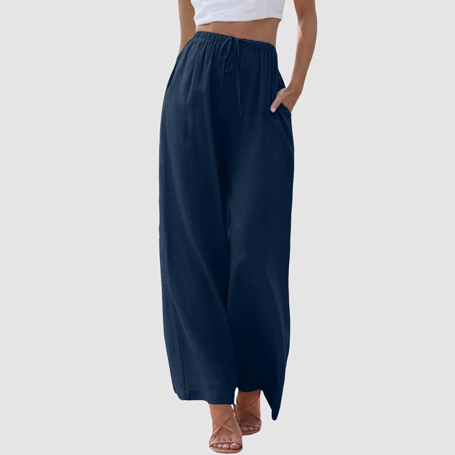 Womens Cotton Linen Pants Summer Palazzo Pants Drawstring Elastic Waist Wide Leg Trousers with Pockets