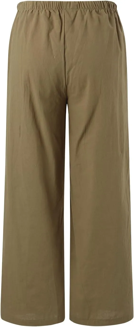 Womens Cotton Linen Pants Summer Palazzo Pants Drawstring Elastic Waist Wide Leg Trousers with Pockets