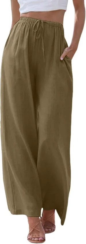 Womens Cotton Linen Pants Summer Palazzo Pants Drawstring Elastic Waist Wide Leg Trousers with Pockets