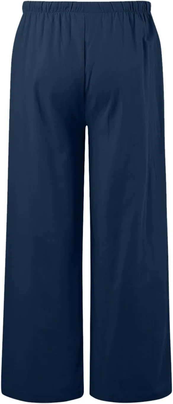 Womens Cotton Linen Pants Summer Palazzo Pants Drawstring Elastic Waist Wide Leg Trousers with Pockets