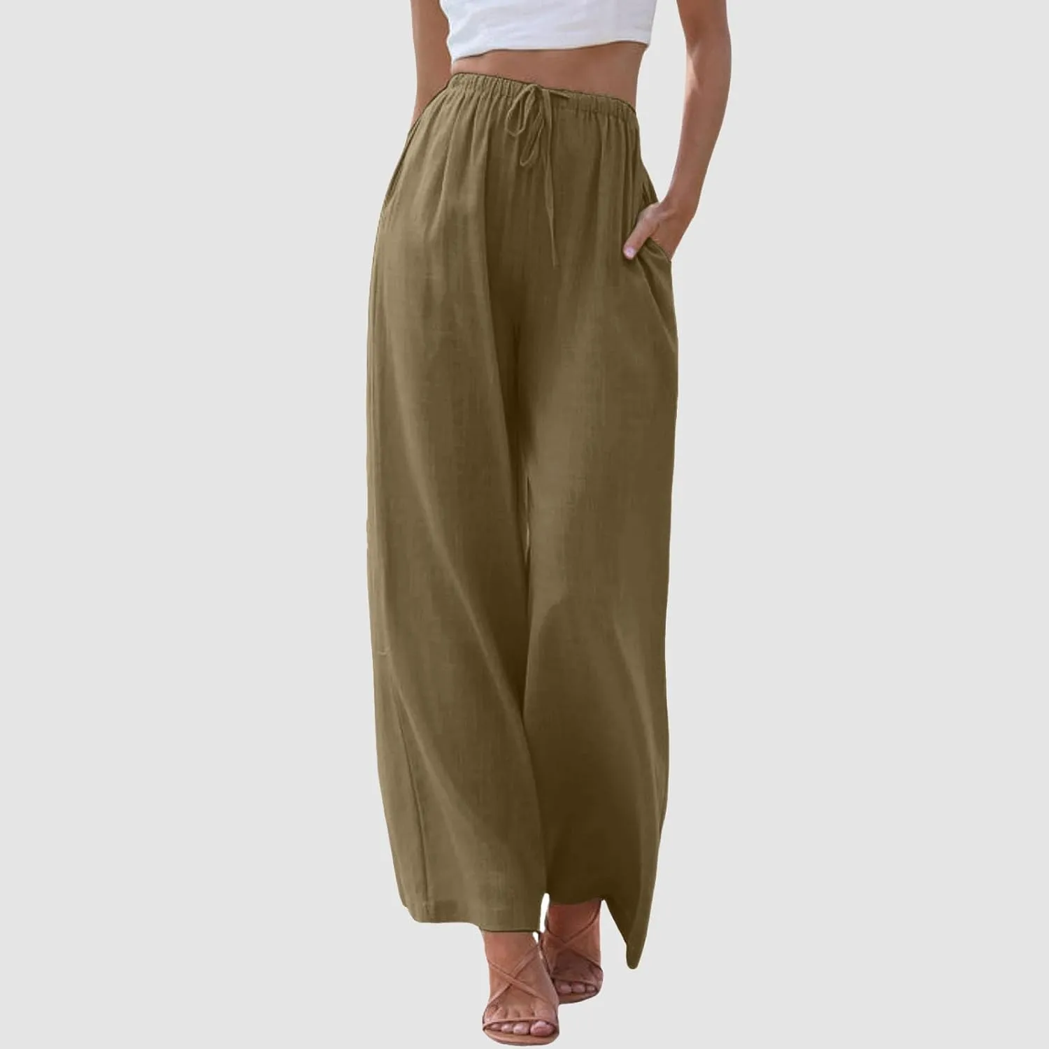 Womens Cotton Linen Pants Summer Palazzo Pants Drawstring Elastic Waist Wide Leg Trousers with Pockets