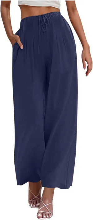 Women's Cotton Linen Summer Palazzo Pants Drawstring Elastic Waist Causal Flowy Wide Leg Beach Trousers with Pockets