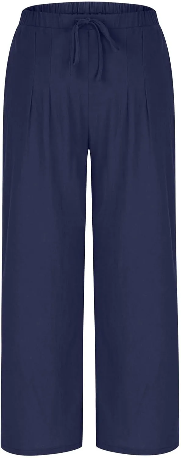 Women's Cotton Linen Summer Palazzo Pants Drawstring Elastic Waist Causal Flowy Wide Leg Beach Trousers with Pockets